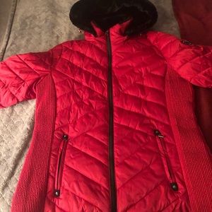 Nautical winter jacket.  Detachable hood with faux fur.